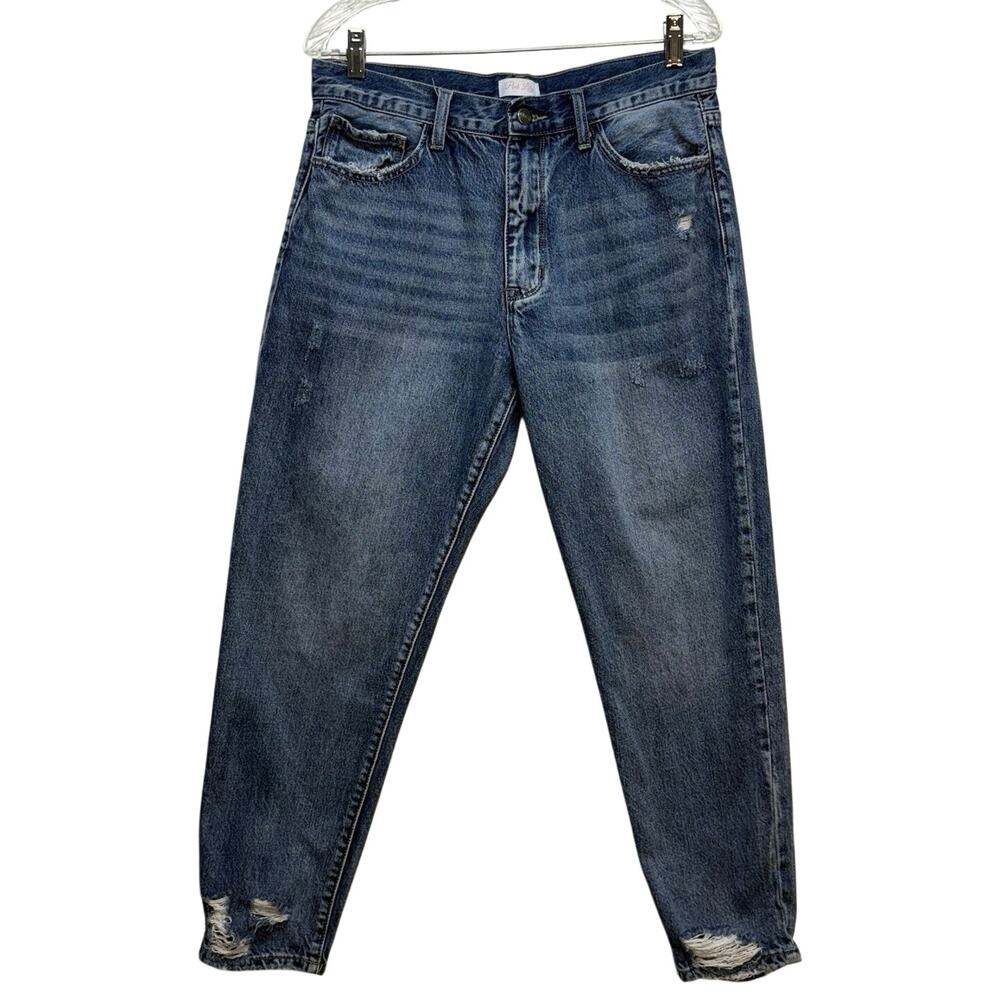 Pink Lily Barrel Jeans Mid Rise Tapered  Distressed Destroyed Denim 11 (32x28)